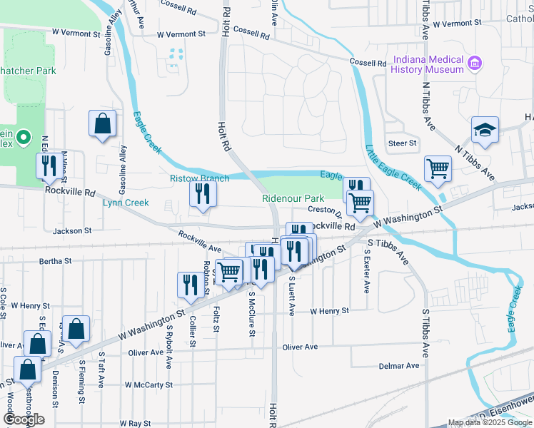 map of restaurants, bars, coffee shops, grocery stores, and more near 3747 Creston Drive in Indianapolis