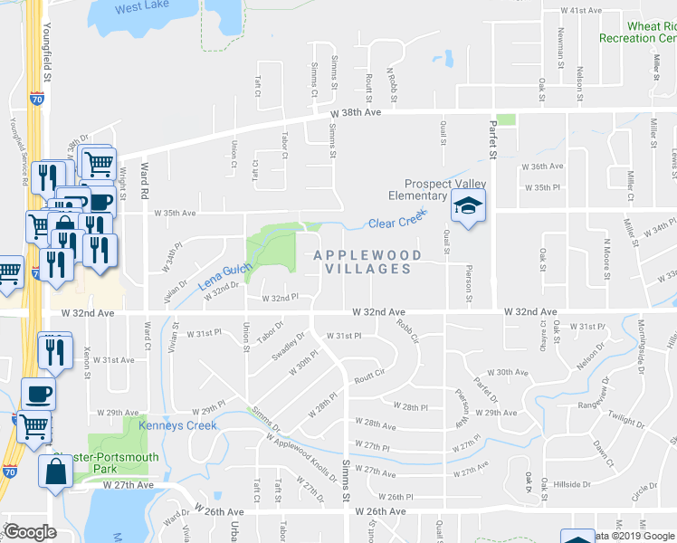 map of restaurants, bars, coffee shops, grocery stores, and more near 3333 Simms Street in Wheat Ridge