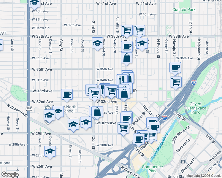 map of restaurants, bars, coffee shops, grocery stores, and more near 2219 West 33rd Avenue in Denver