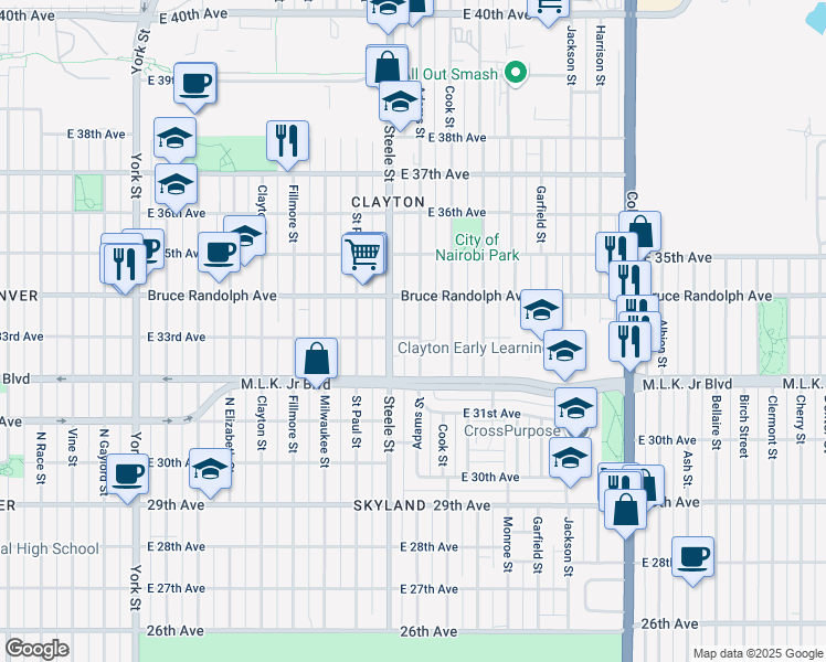 map of restaurants, bars, coffee shops, grocery stores, and more near 3233 East 33rd Avenue in Denver