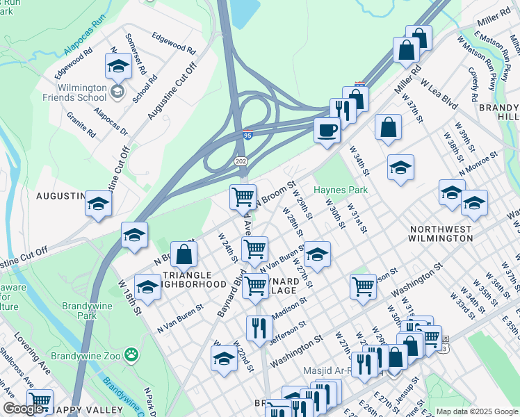 map of restaurants, bars, coffee shops, grocery stores, and more near 906 West 27th Street in Wilmington