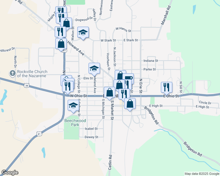 map of restaurants, bars, coffee shops, grocery stores, and more near 128 North Market Street in Rockville