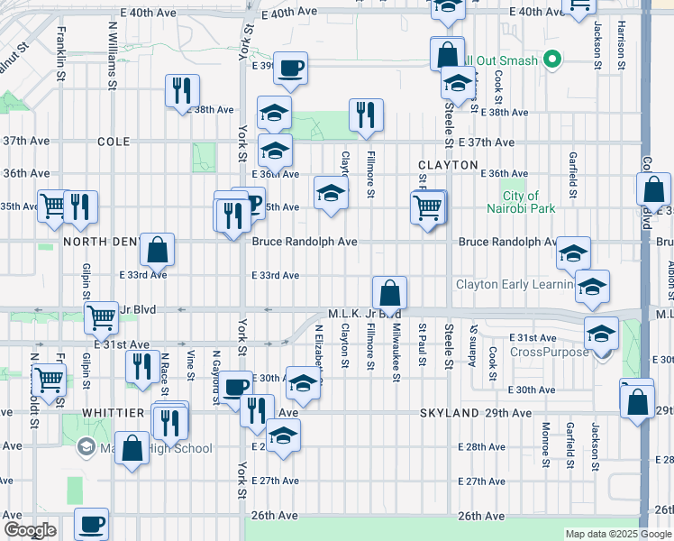 map of restaurants, bars, coffee shops, grocery stores, and more near 3301 Clayton Street in Denver