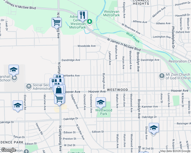 map of restaurants, bars, coffee shops, grocery stores, and more near 867 North Upland Avenue in Dayton