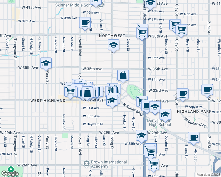 map of restaurants, bars, coffee shops, grocery stores, and more near 3257 Irving Street in Denver
