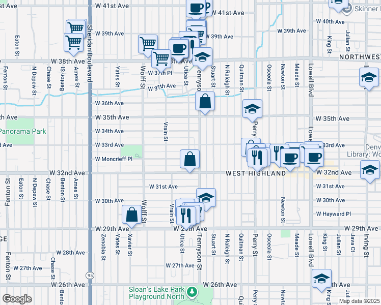map of restaurants, bars, coffee shops, grocery stores, and more near 3244 Utica Street in Denver