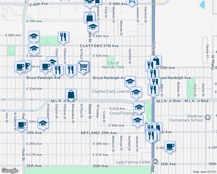 map of restaurants, bars, coffee shops, grocery stores, and more near 3300 Cook Street in Denver