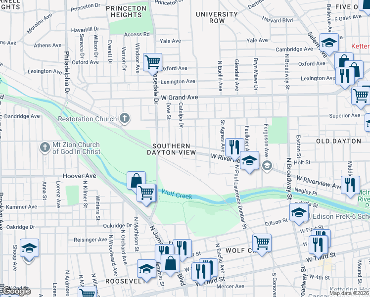 map of restaurants, bars, coffee shops, grocery stores, and more near 1909 West Riverview Avenue in Dayton
