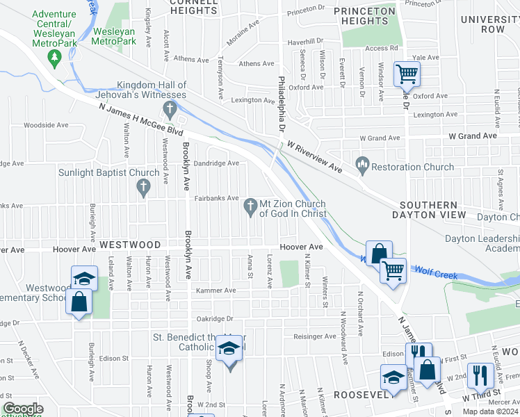 map of restaurants, bars, coffee shops, grocery stores, and more near 561 Evergreen Avenue in Dayton