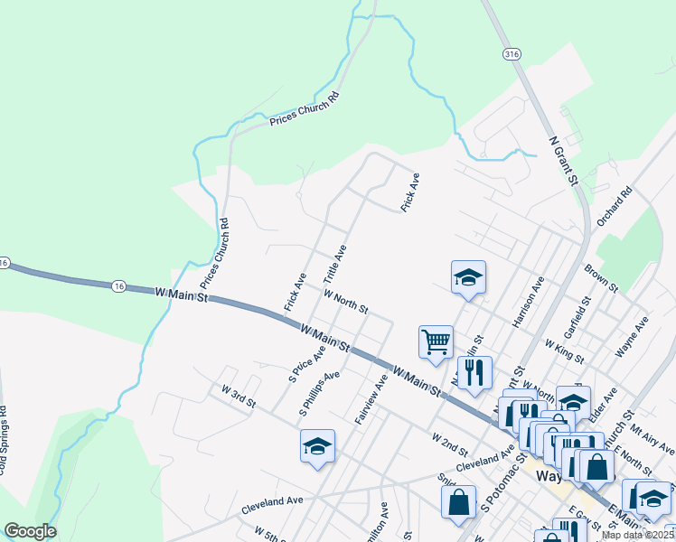 map of restaurants, bars, coffee shops, grocery stores, and more near 129 Tritle Avenue in Waynesboro