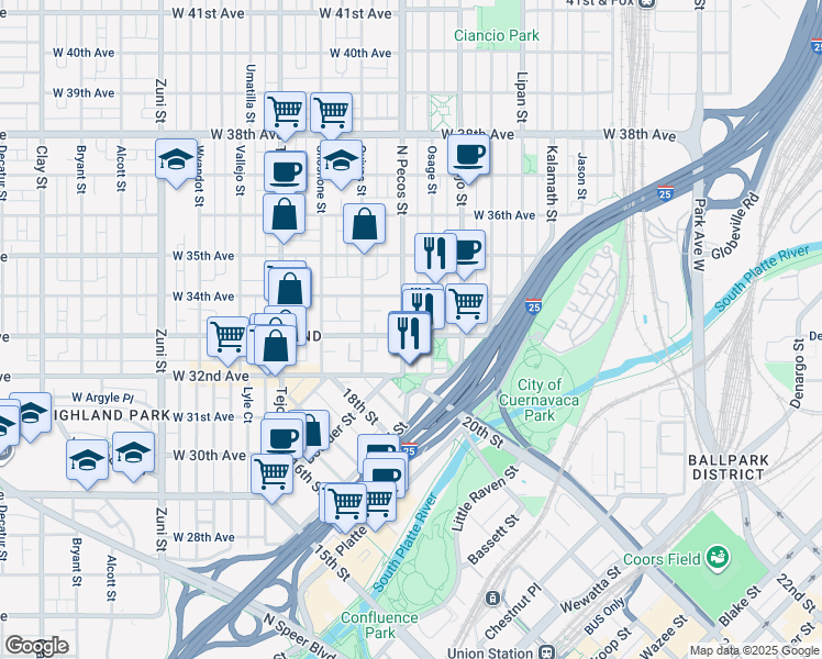 map of restaurants, bars, coffee shops, grocery stores, and more near 3300 North Pecos Street in Denver