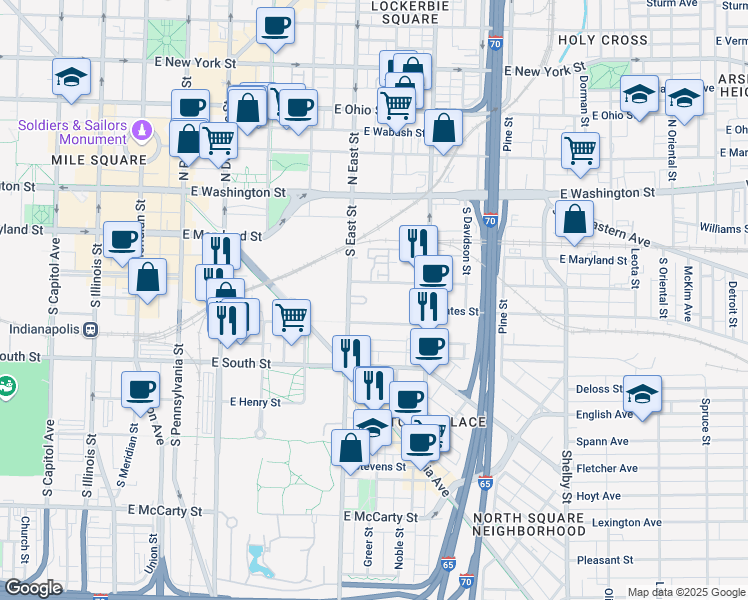 map of restaurants, bars, coffee shops, grocery stores, and more near 151 North East Street in Indianapolis