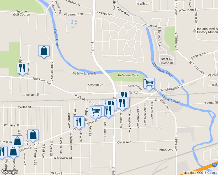 map of restaurants, bars, coffee shops, grocery stores, and more near 3747 Creston Dr in Indianapolis