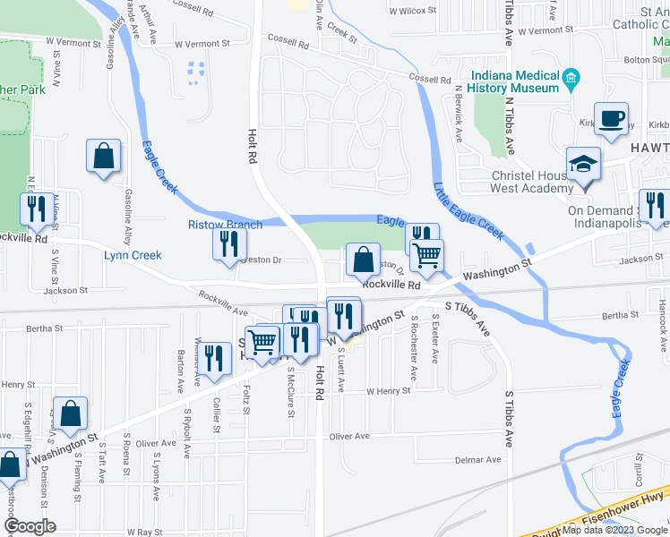 map of restaurants, bars, coffee shops, grocery stores, and more near 3707 Creston Drive in Indianapolis