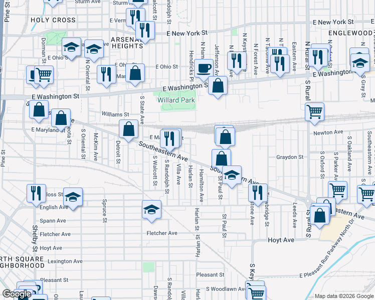 map of restaurants, bars, coffee shops, grocery stores, and more near 158 Harlan Street in Indianapolis