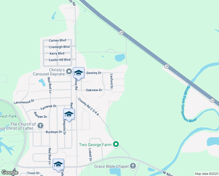 map of restaurants, bars, coffee shops, grocery stores, and more near 2929 Laxford Drive in Springfield
