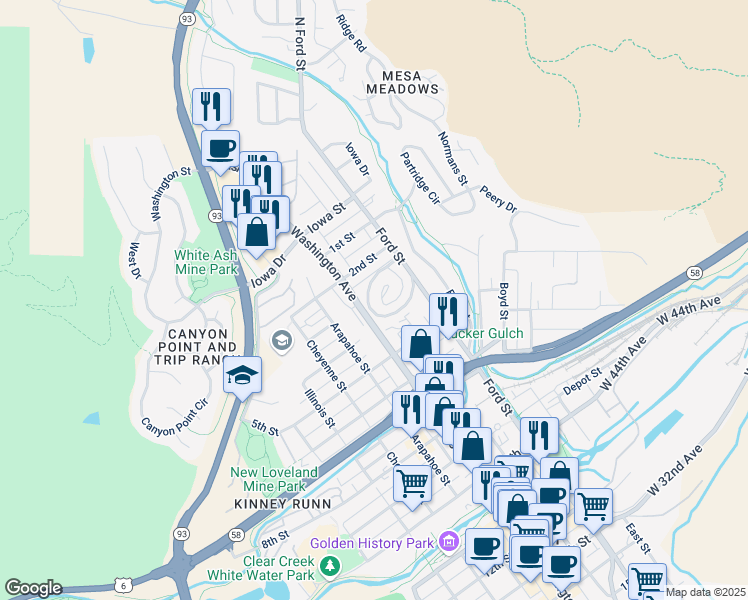 map of restaurants, bars, coffee shops, grocery stores, and more near 348 Goldco Circle in Golden