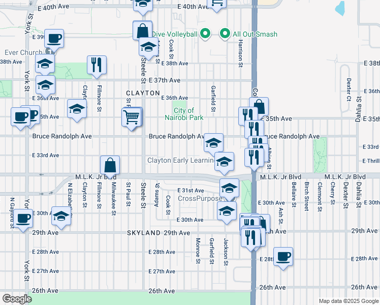 map of restaurants, bars, coffee shops, grocery stores, and more near 3304 Madison Street in Denver