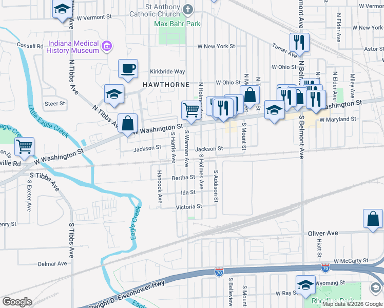map of restaurants, bars, coffee shops, grocery stores, and more near 2731 Jackson Street in Indianapolis