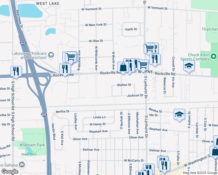 map of restaurants, bars, coffee shops, grocery stores, and more near 110 South Worth Avenue in Indianapolis