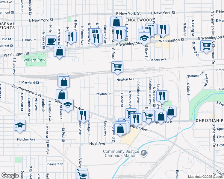 map of restaurants, bars, coffee shops, grocery stores, and more near 260 South Rural Street in Indianapolis