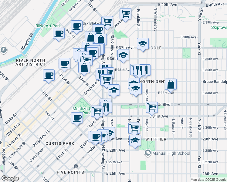 map of restaurants, bars, coffee shops, grocery stores, and more near 1321 East 33rd Avenue in Denver