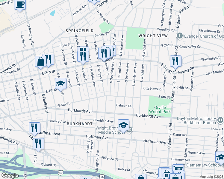 map of restaurants, bars, coffee shops, grocery stores, and more near 147 South Sperling Avenue in Dayton