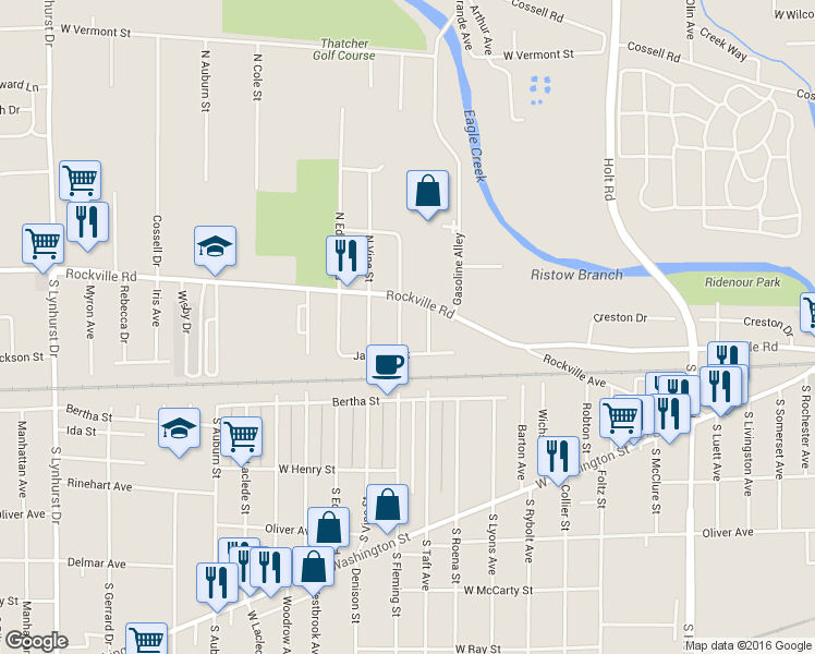 map of restaurants, bars, coffee shops, grocery stores, and more near 27 South Fleming Street in Indianapolis