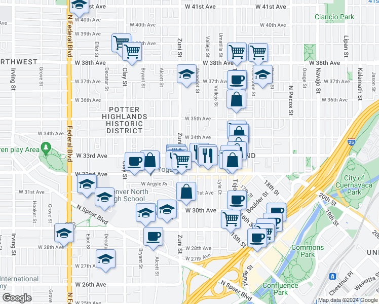 map of restaurants, bars, coffee shops, grocery stores, and more near 2325 West 33rd Avenue in Denver