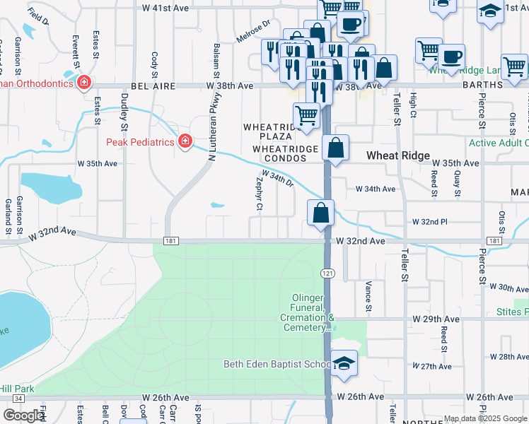 map of restaurants, bars, coffee shops, grocery stores, and more near 3304 Zephyr Court in Wheat Ridge