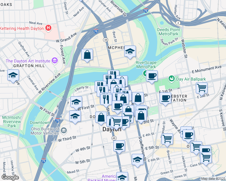 map of restaurants, bars, coffee shops, grocery stores, and more near 12 West Monument Avenue in Dayton