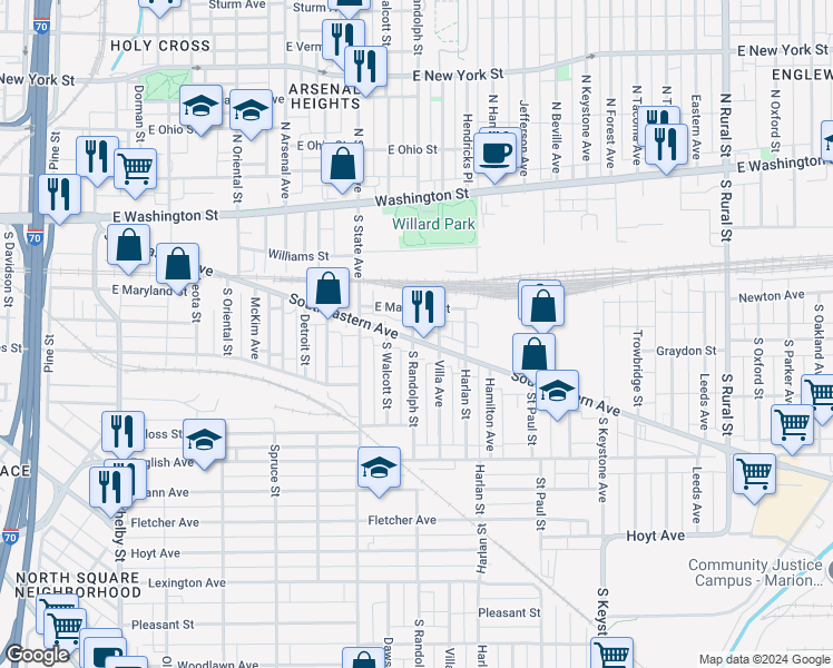 map of restaurants, bars, coffee shops, grocery stores, and more near 1904 Southeastern Avenue in Indianapolis