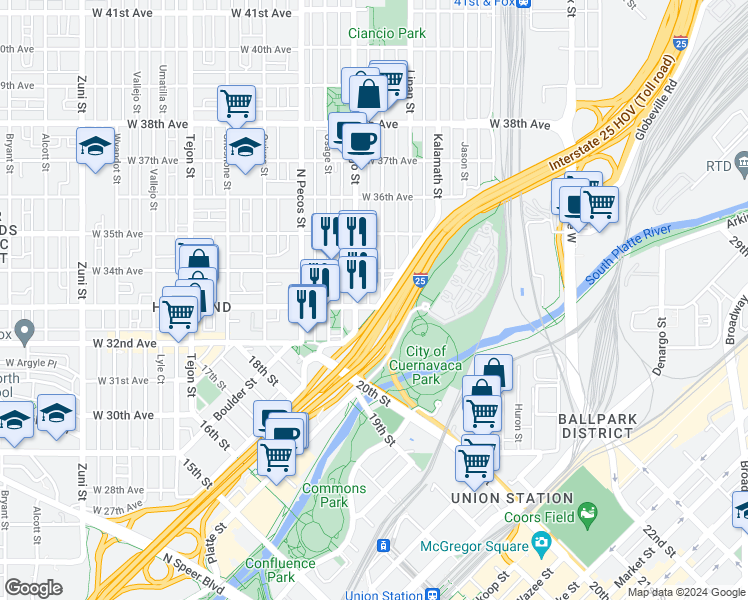 map of restaurants, bars, coffee shops, grocery stores, and more near 1415 West 33rd Avenue in Denver