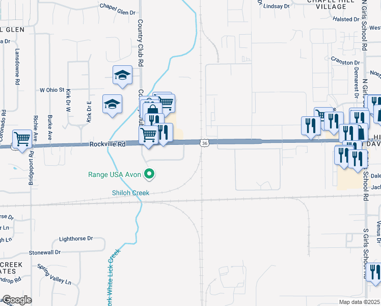 map of restaurants, bars, coffee shops, grocery stores, and more near 8045 Rockville Rd in Indianapolis