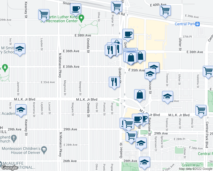 map of restaurants, bars, coffee shops, grocery stores, and more near 3276 Pontiac Street in Denver