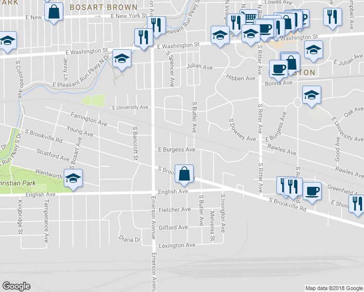 map of restaurants, bars, coffee shops, grocery stores, and more near 344 South Spencer Avenue in Indianapolis