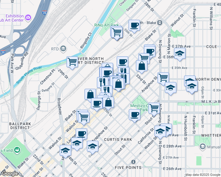 map of restaurants, bars, coffee shops, grocery stores, and more near 3030 Walnut Street in Denver