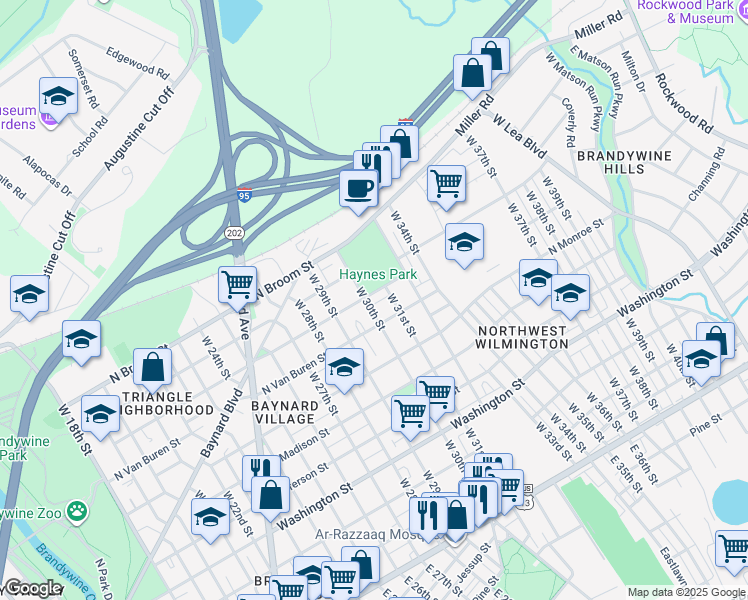 map of restaurants, bars, coffee shops, grocery stores, and more near 3004 North Harrison Street in Wilmington