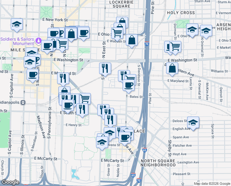 map of restaurants, bars, coffee shops, grocery stores, and more near 225 South East Street in Indianapolis