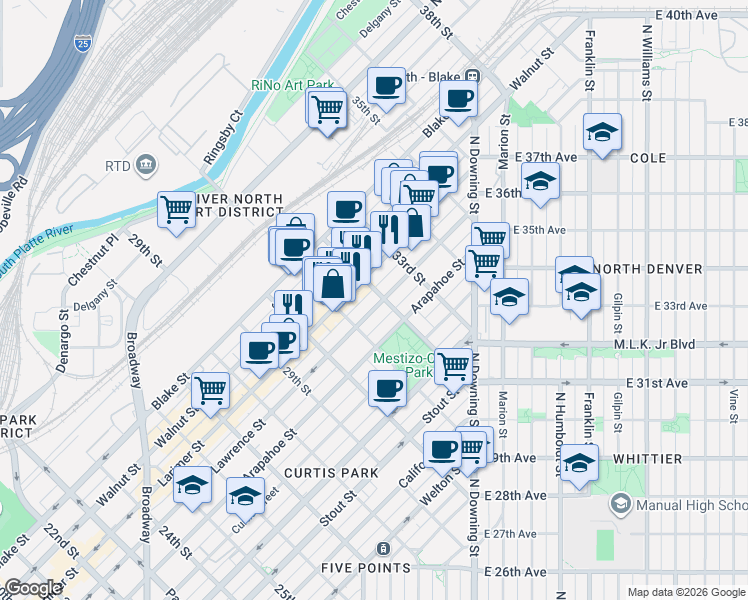 map of restaurants, bars, coffee shops, grocery stores, and more near 3165 Lawrence Street in Denver