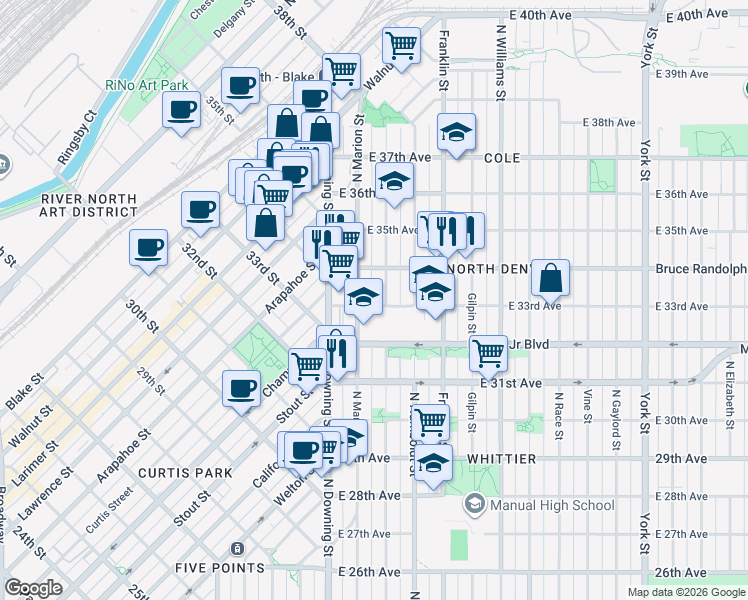 map of restaurants, bars, coffee shops, grocery stores, and more near 1321 East 33rd Avenue in Denver