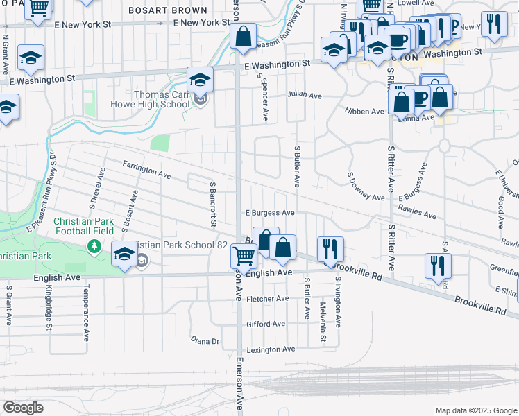 map of restaurants, bars, coffee shops, grocery stores, and more near 344 South Grand Avenue in Indianapolis