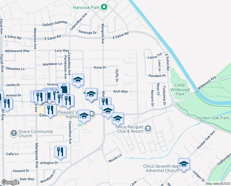 map of restaurants, bars, coffee shops, grocery stores, and more near 1572 Arch Way in Chico