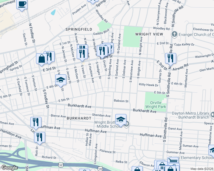 map of restaurants, bars, coffee shops, grocery stores, and more near 147 South Sperling Avenue in Dayton
