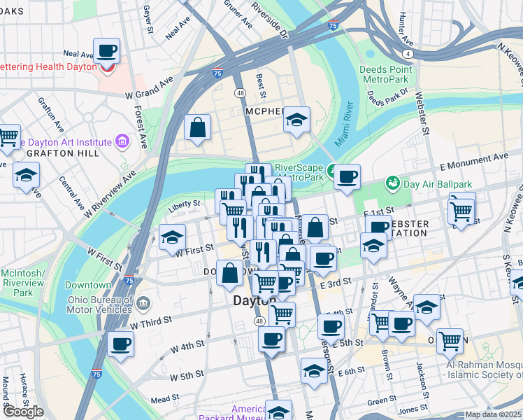 map of restaurants, bars, coffee shops, grocery stores, and more near 255 North Main Street in Dayton