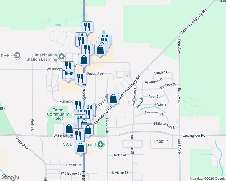 map of restaurants, bars, coffee shops, grocery stores, and more near 237 Eaton Avenue in Eaton