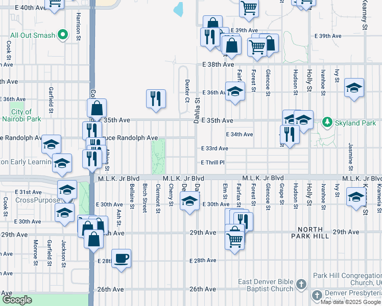 map of restaurants, bars, coffee shops, grocery stores, and more near 3311 Dahlia Street in Denver