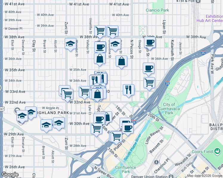 map of restaurants, bars, coffee shops, grocery stores, and more near 3310 Shoshone Street in Denver