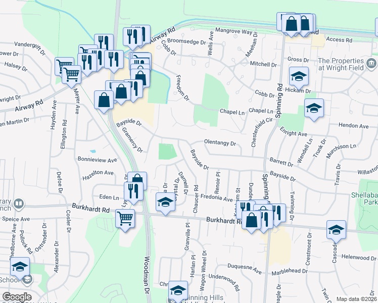 map of restaurants, bars, coffee shops, grocery stores, and more near 5126 Bayside Drive in Dayton