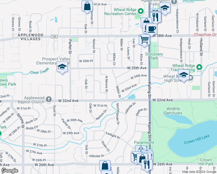 map of restaurants, bars, coffee shops, grocery stores, and more near 3300 Moore Street in Wheat Ridge